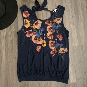 Massimo Dutti Navy Floral Tie Back Blouse Large